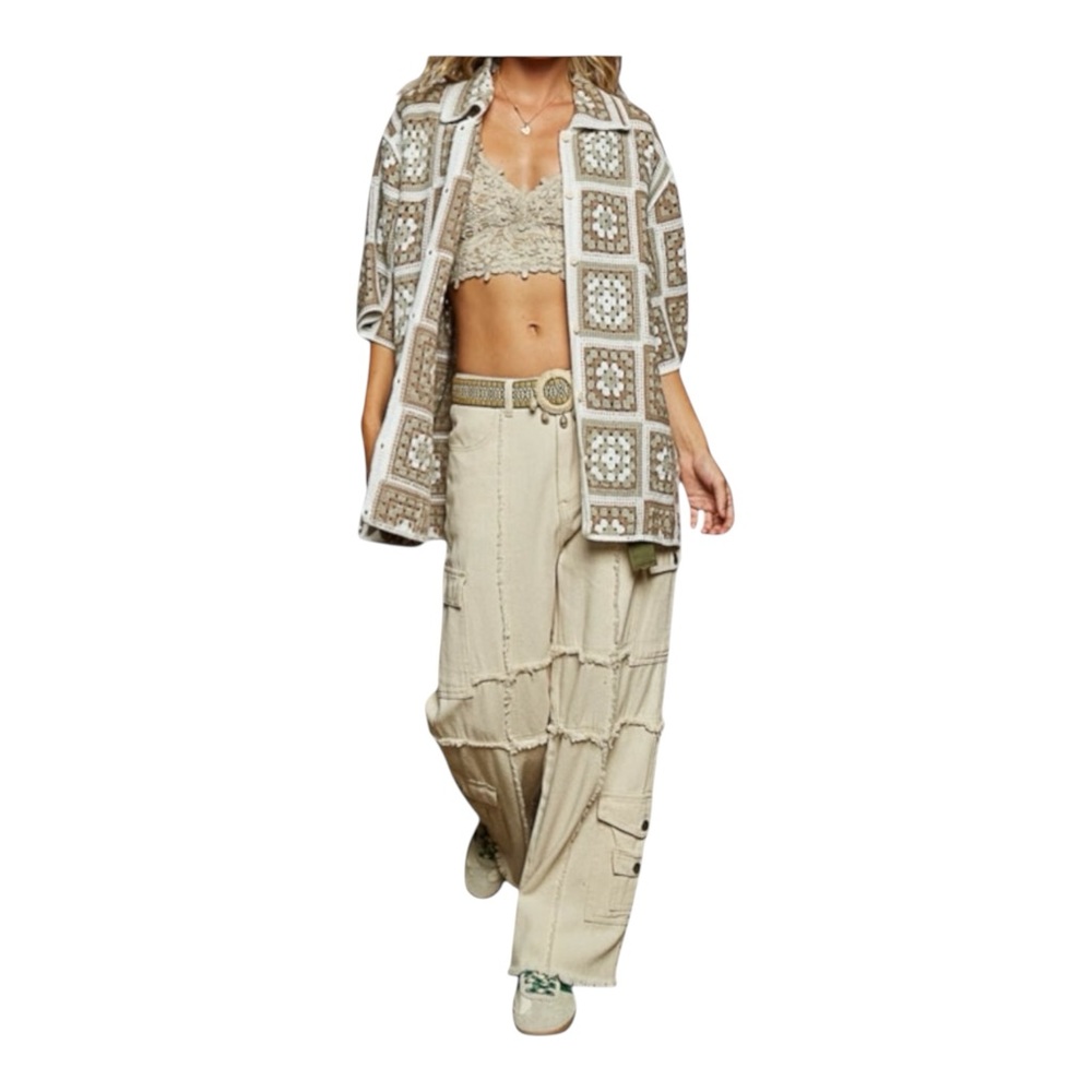 POL  Crochet Granny Square Boho Oversized Button Up Shirt NWT
